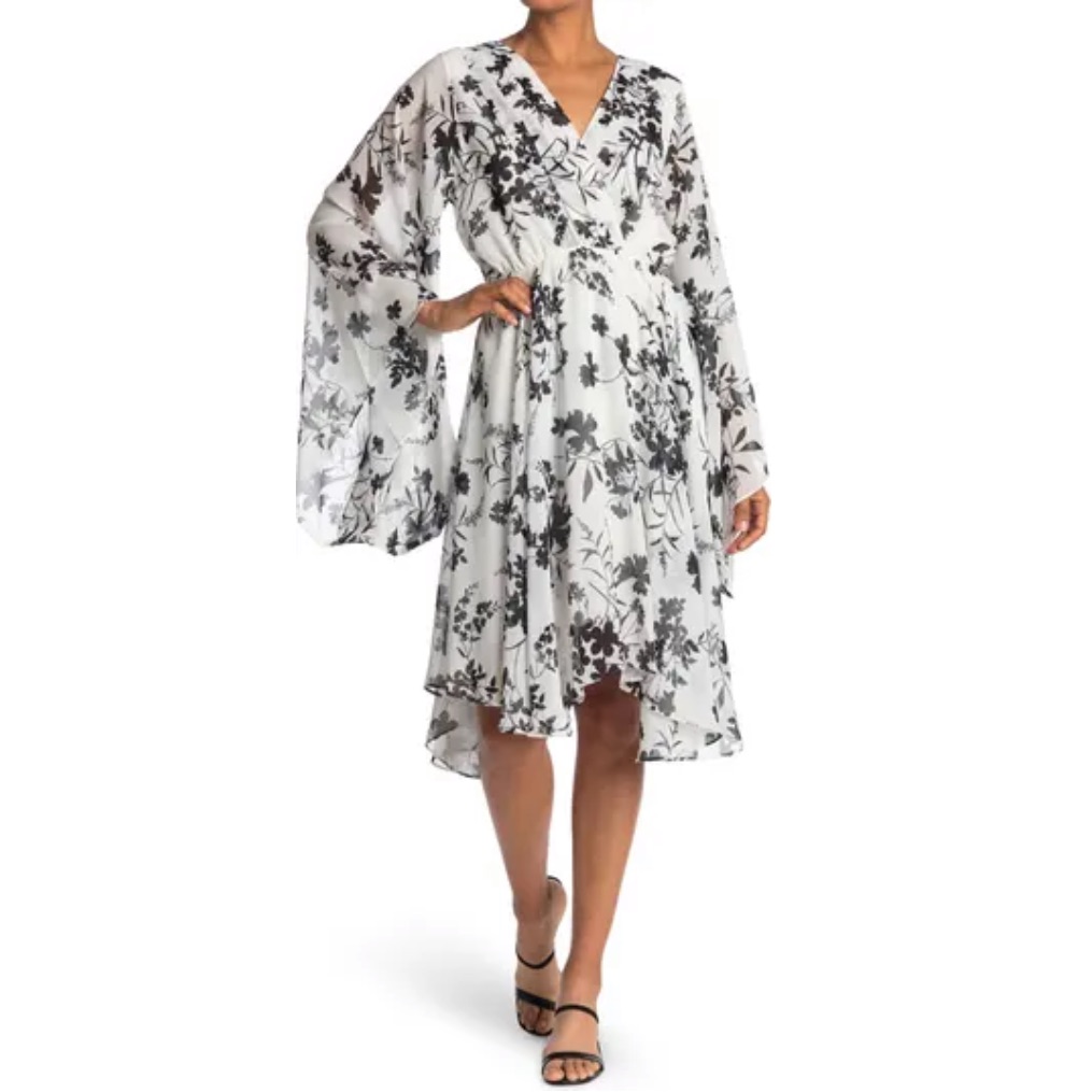 Meghan La Dahlia White Sunset Floral Bell Sleeve Dress Size Small